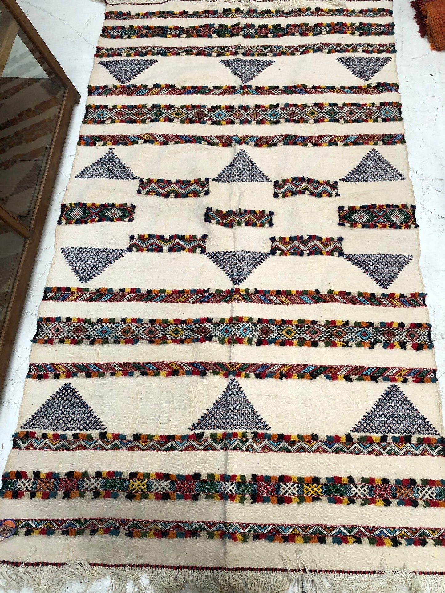 Ethnic Boho Hand Loomed White Area Rug with Graphic Color Design