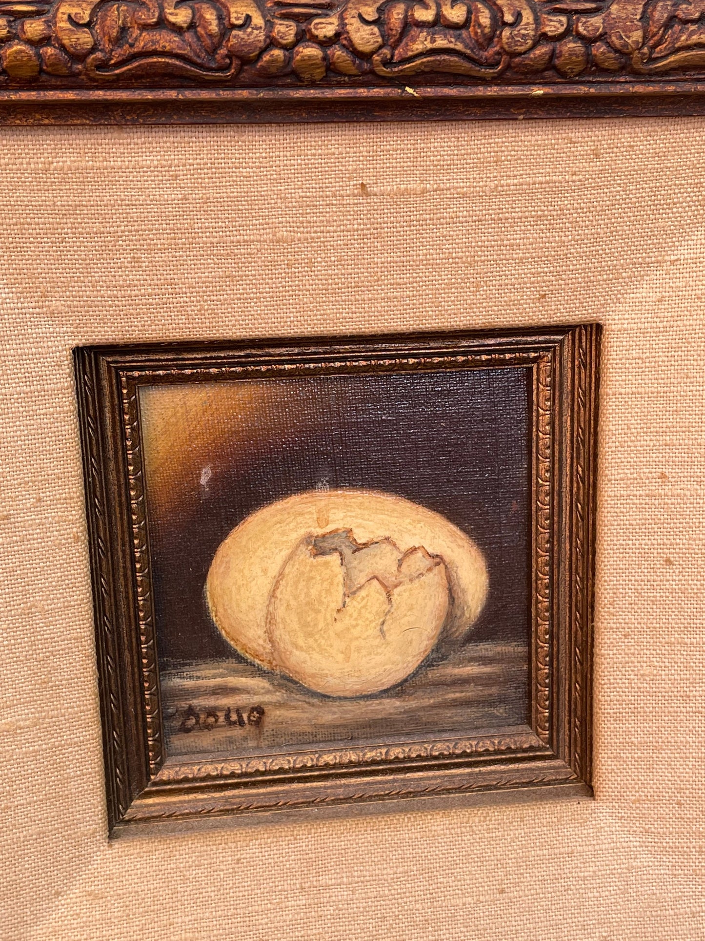 Folk Art Still Life Cracked Egg Oil Painting Wooden Frame