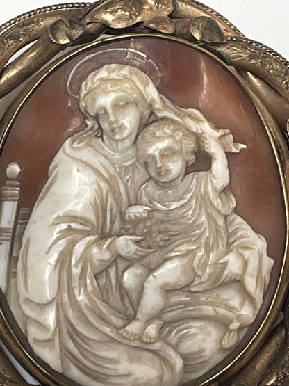 Antique Late 19th century Hand Carved Madonna and Child Victorian Cameo with Real Hair