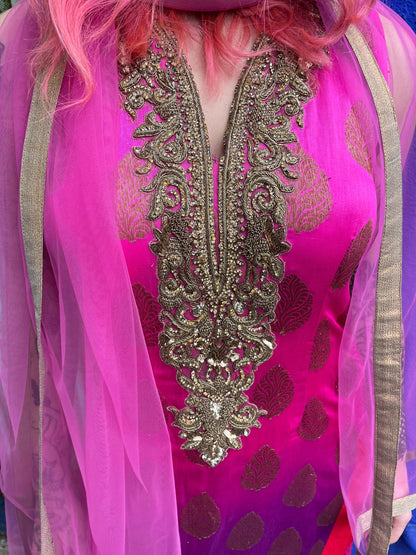 Vintage Sumptuous Exotic Magenta Indian Tunic, Pant and Scarf