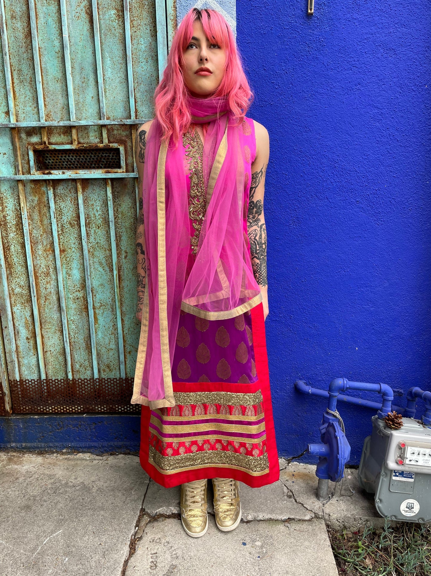 Vintage Sumptuous Exotic Magenta Indian Tunic, Pant and Scarf