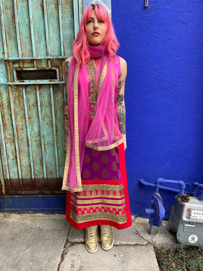 Vintage Sumptuous Exotic Magenta Indian Tunic, Pant and Scarf