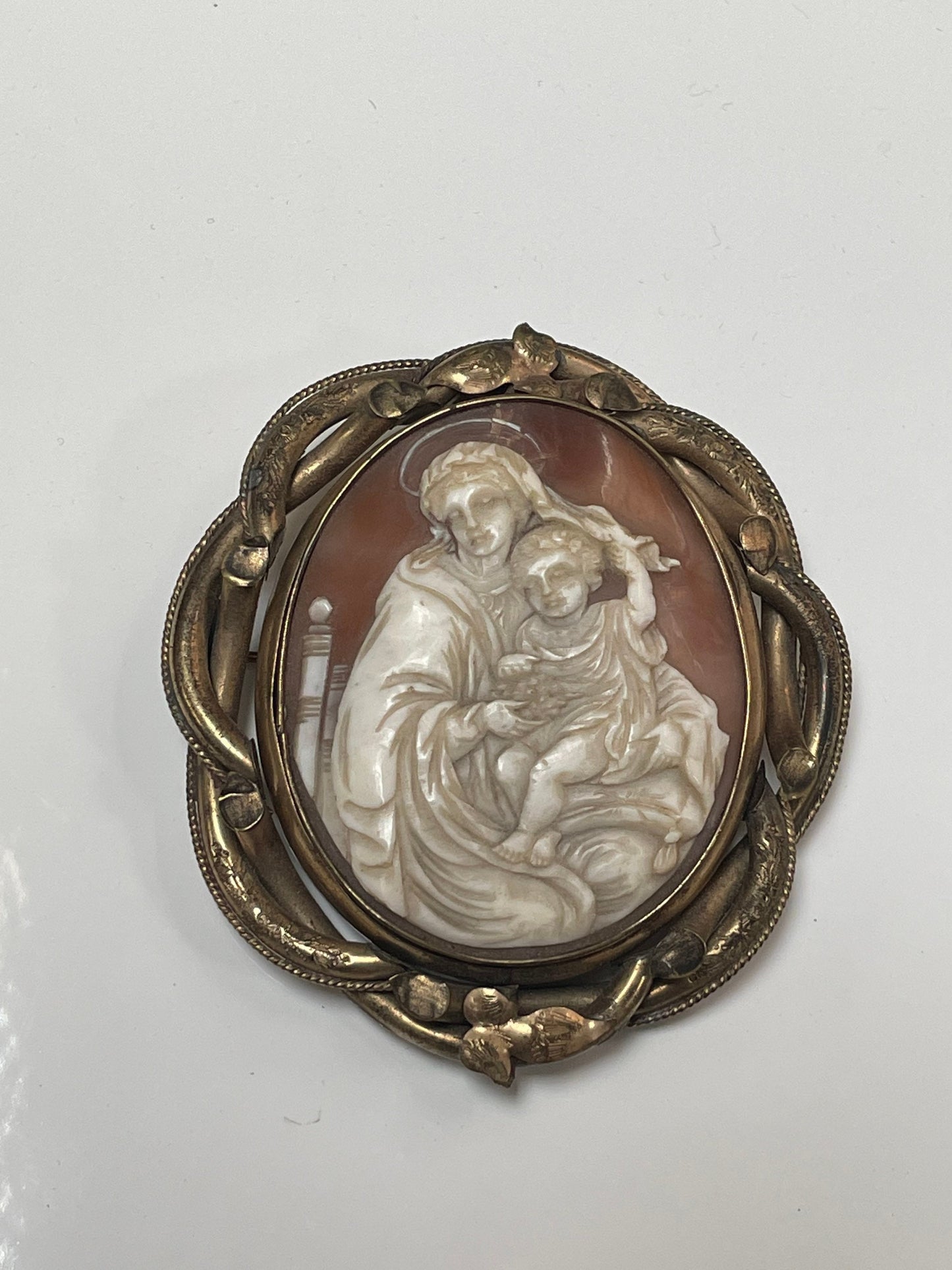 Antique Late 19th century Hand Carved Madonna and Child Victorian Cameo with Real Hair