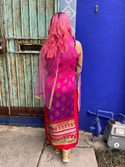 Vintage Sumptuous Exotic Magenta Indian Tunic, Pant and Scarf