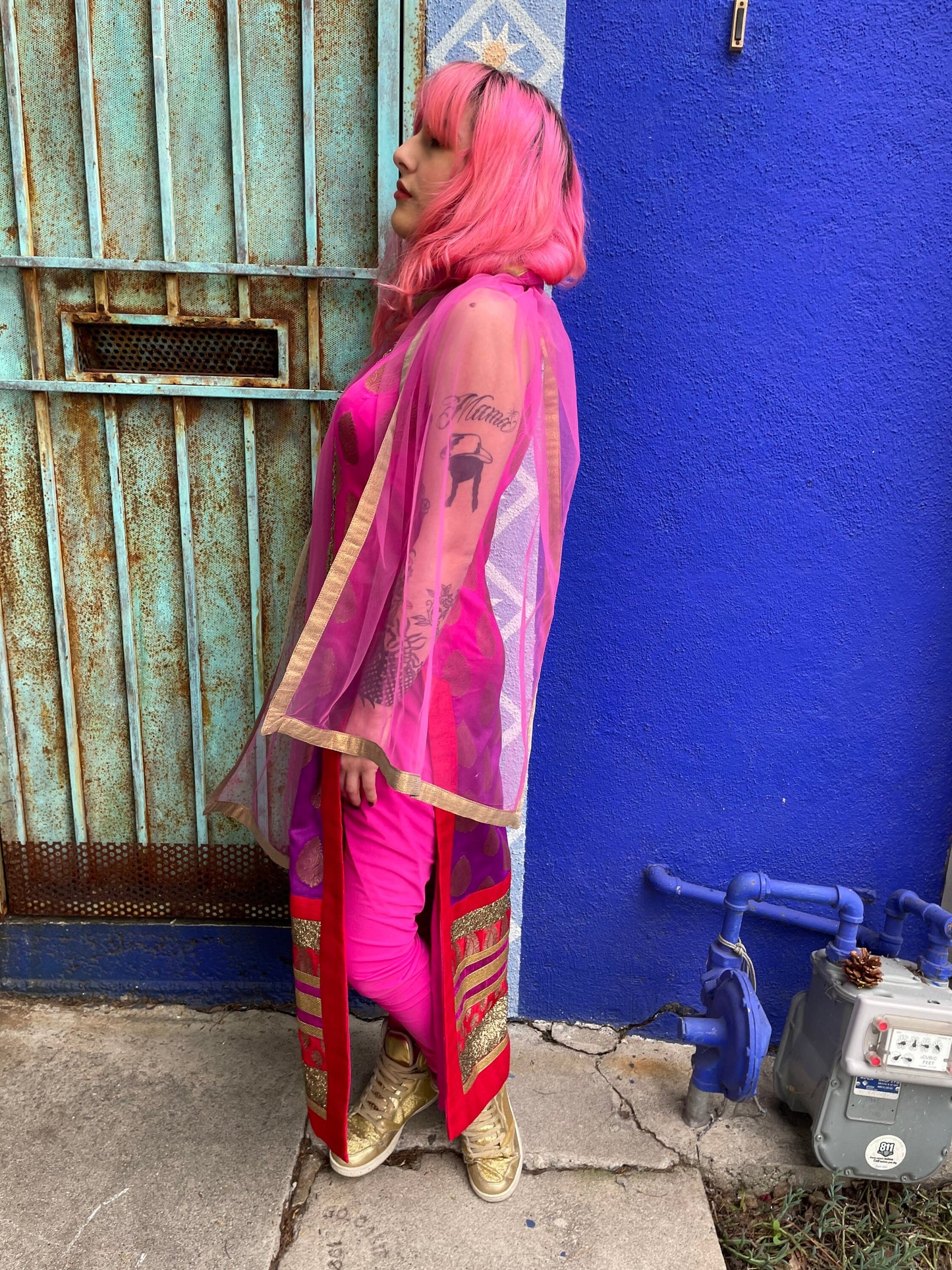 Vintage Sumptuous Exotic Magenta Indian Tunic, Pant and Scarf