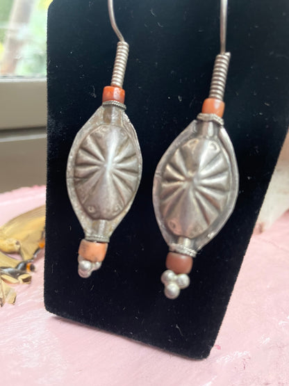 Vintage Silver and Coral Beads Tribal Dangle Earrings