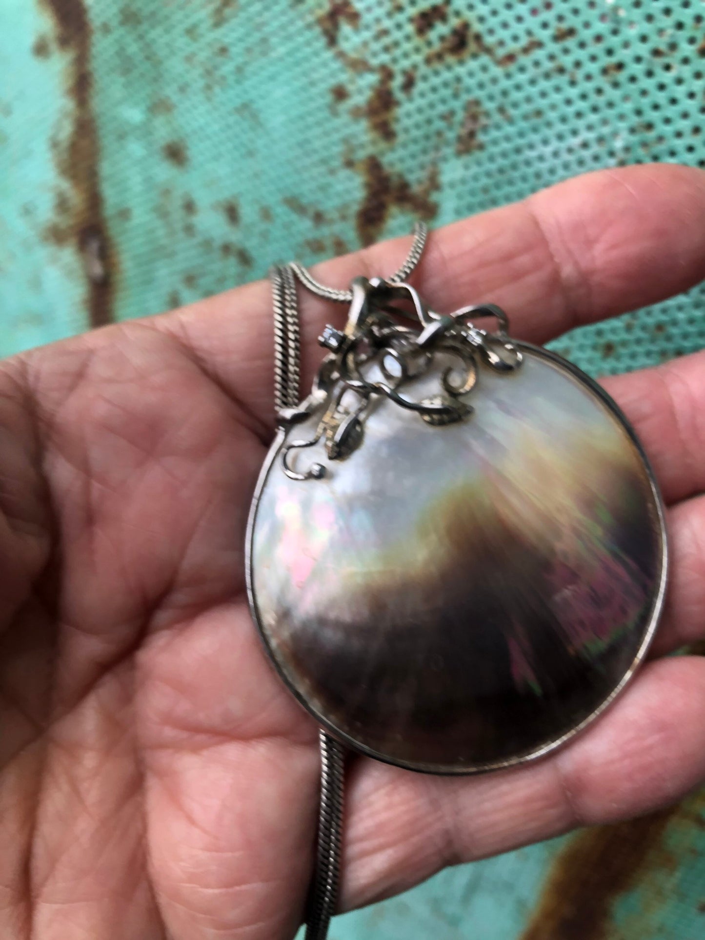 Large Mother of Pearl and Diamond Pendant Necklace