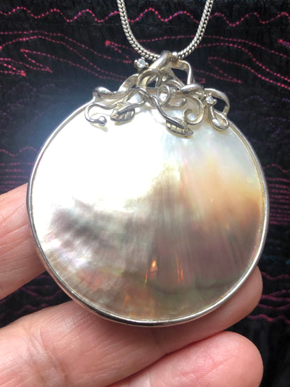 Large Mother of Pearl and Diamond Pendant Necklace