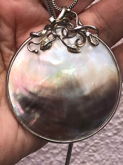 Large Mother of Pearl and Diamond Pendant Necklace