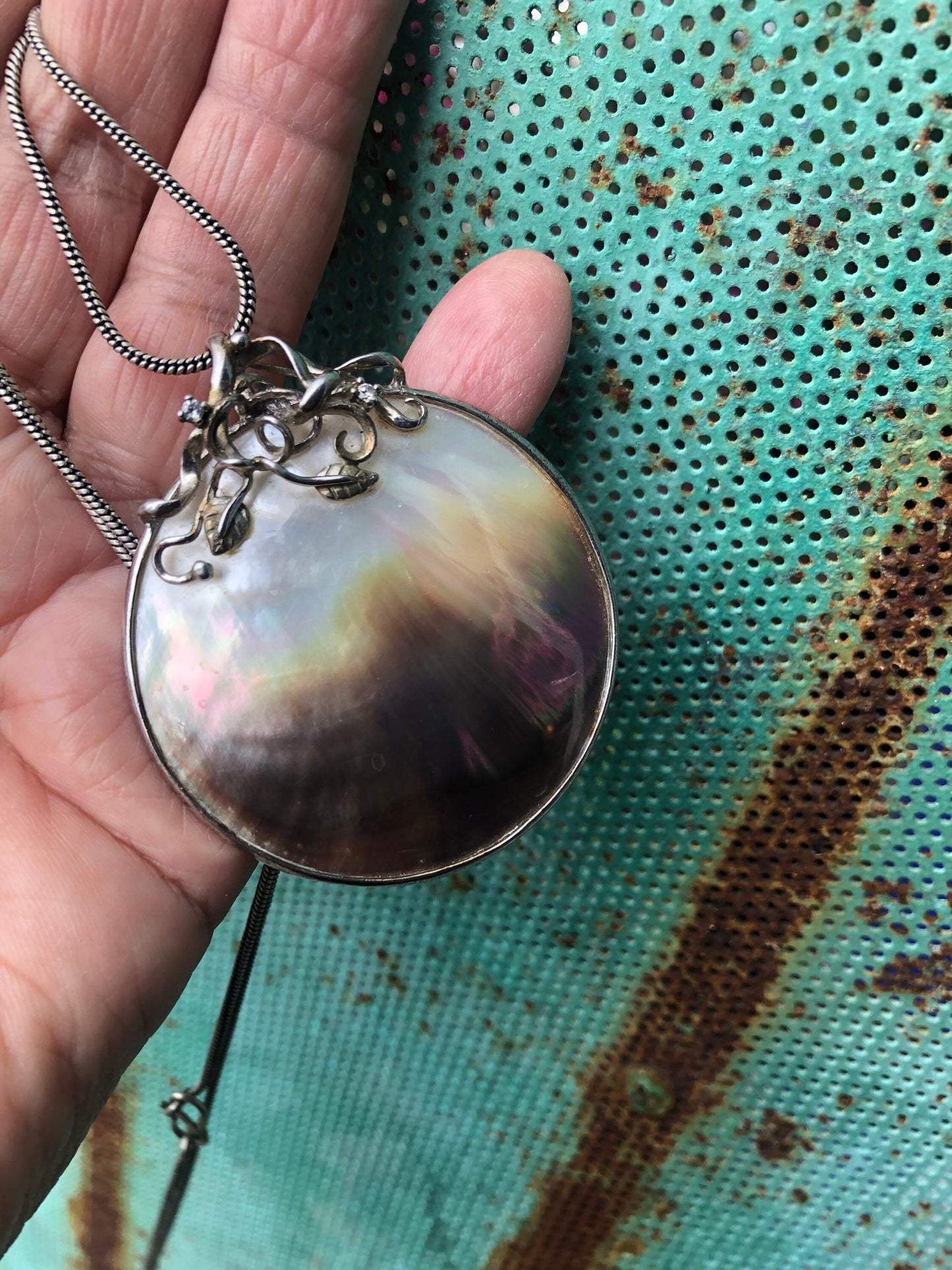 Large Mother of Pearl and Diamond Pendant Necklace