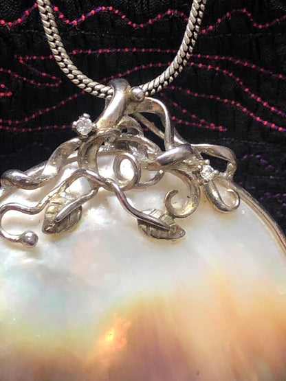 Large Mother of Pearl and Diamond Pendant Necklace