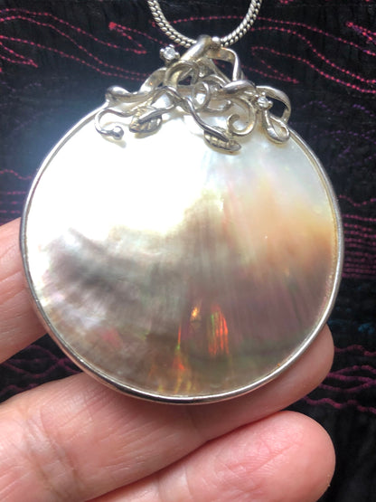 Large Mother of Pearl and Diamond Pendant Necklace