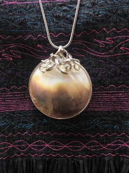 Large Mother of Pearl and Diamond Pendant Necklace