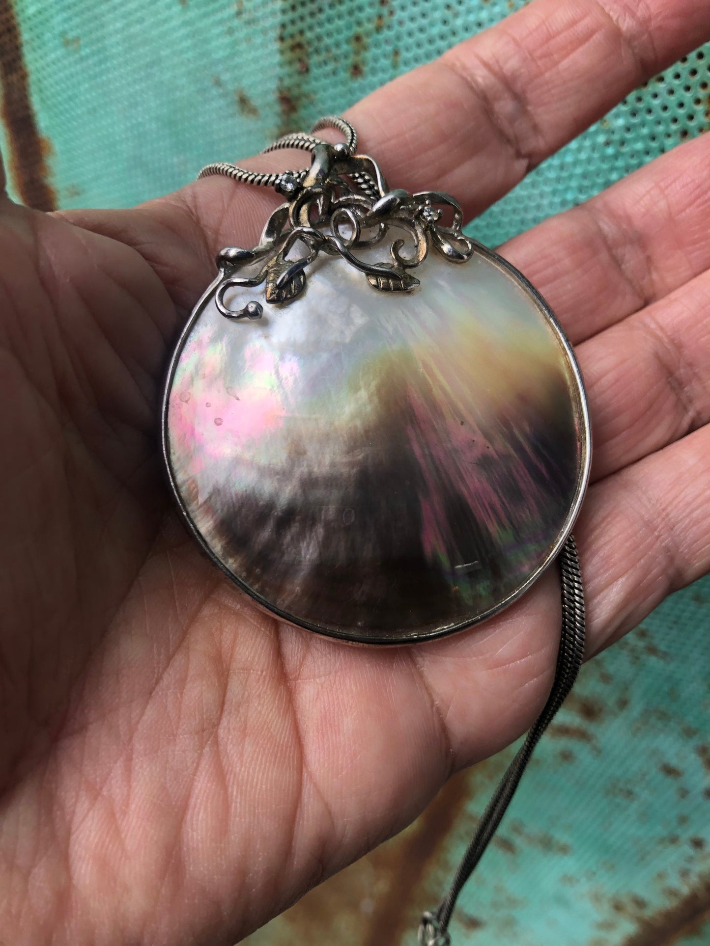 Large Mother of Pearl and Diamond Pendant Necklace