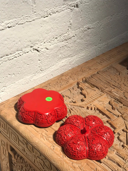 Vintage Antique Cinnabar Carved Lacquerware Pumpkin Shaped Jewelry Box