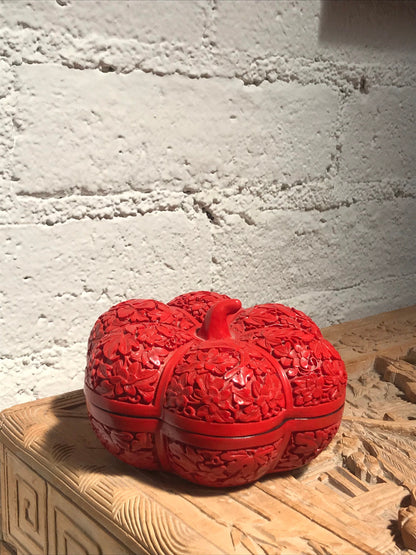 Vintage Antique Cinnabar Carved Lacquerware Pumpkin Shaped Jewelry Box