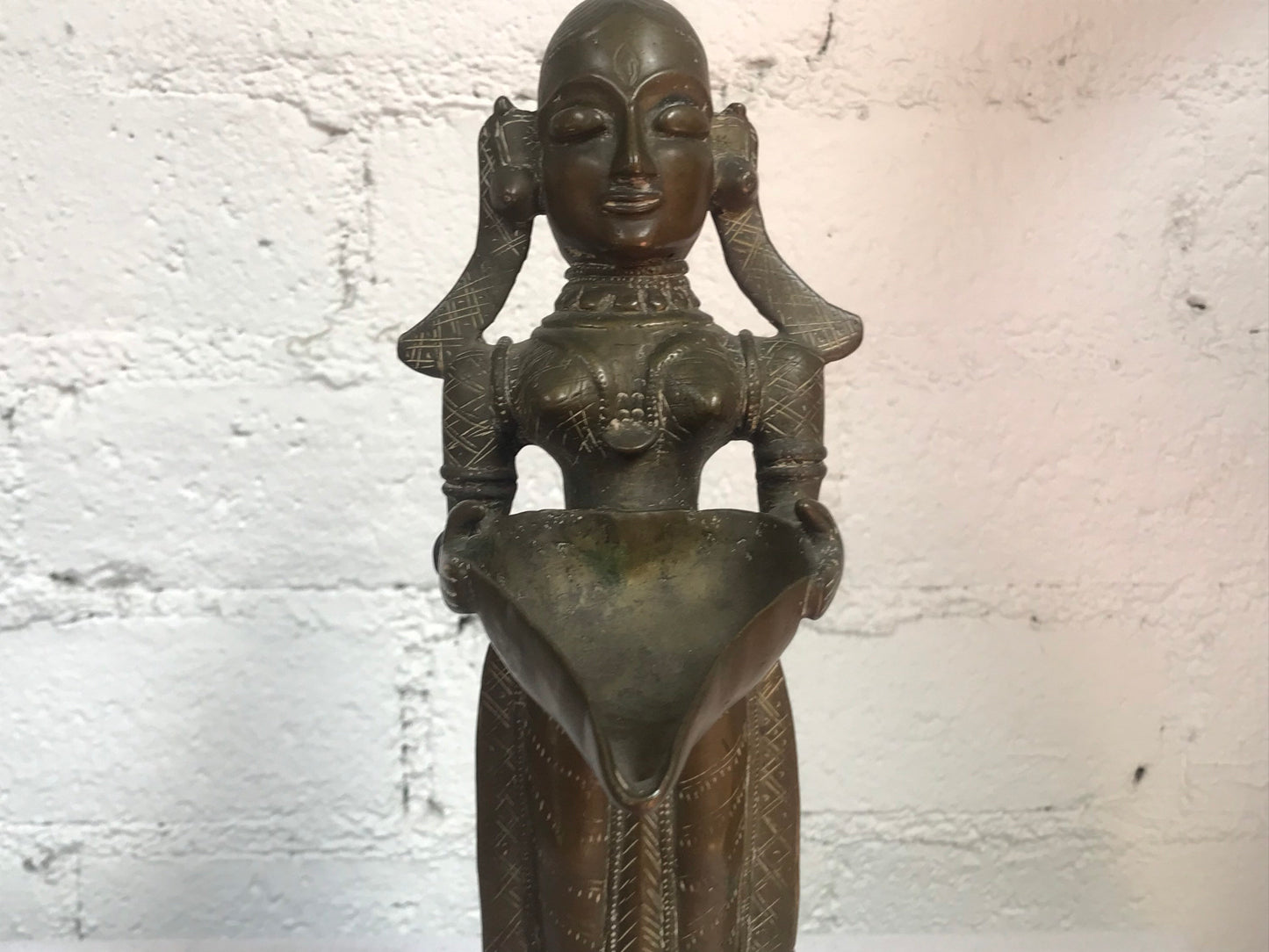 Antique Hindu Bronze Sculpture of Woman Holding Diya