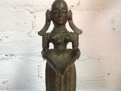 Antique Hindu Bronze Sculpture of Woman Holding Diya