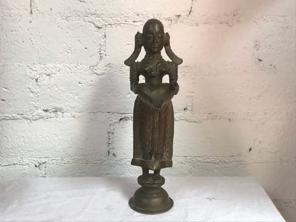 Antique Hindu Bronze Sculpture of Woman Holding Diya