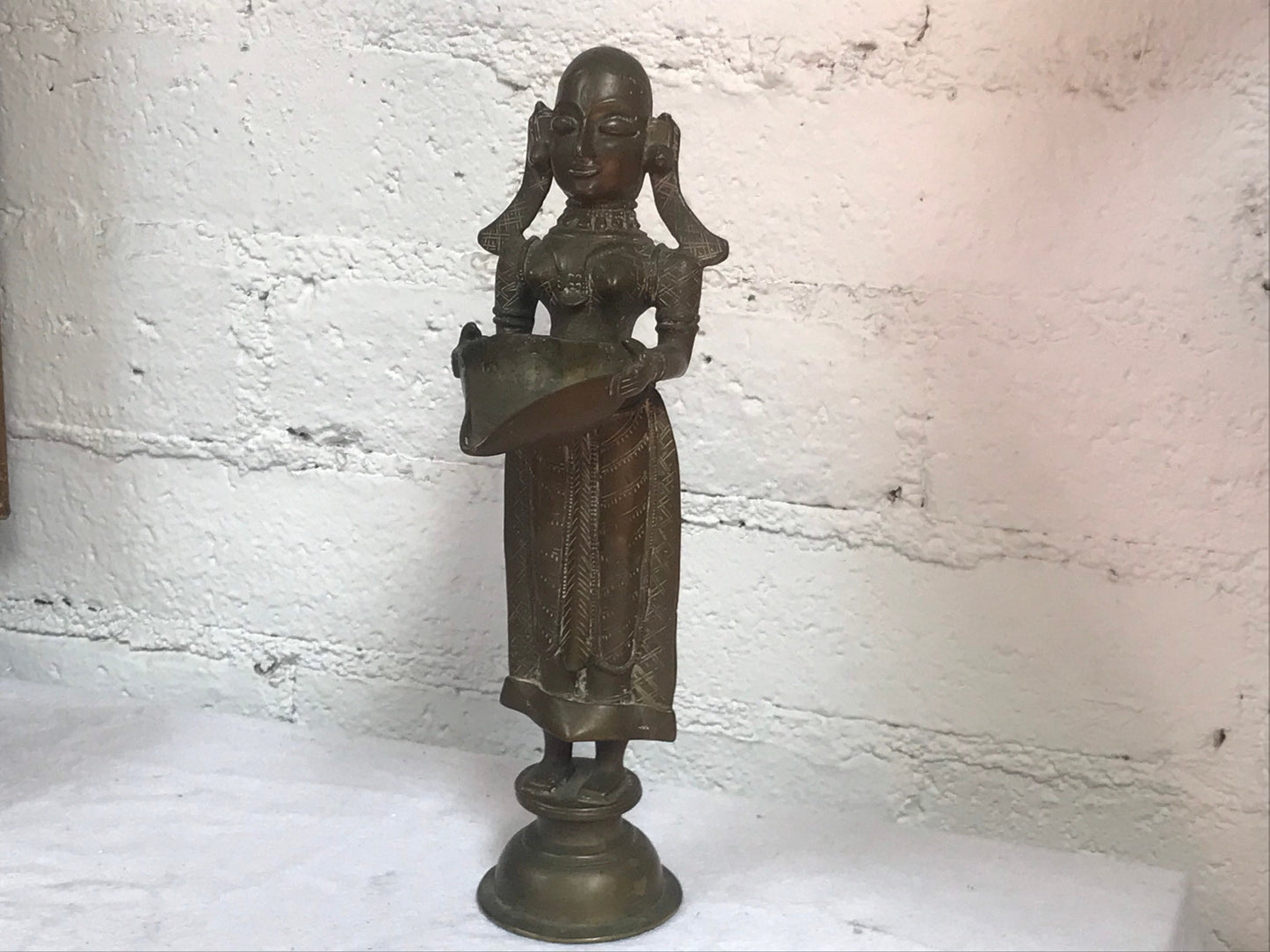 Antique Hindu Bronze Sculpture of Woman Holding Diya