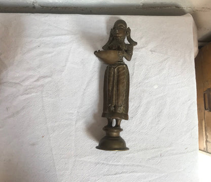 Antique Hindu Bronze Sculpture of Woman Holding Diya