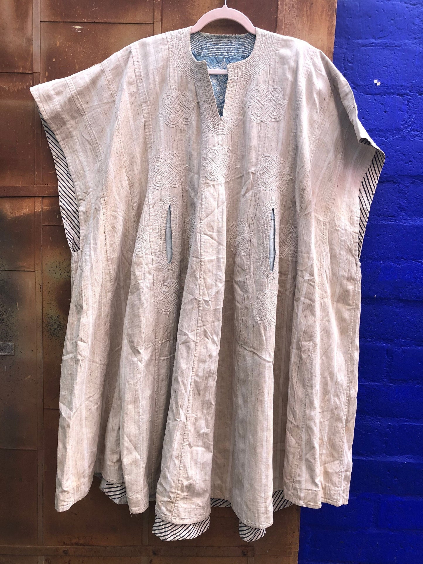 Vintage African Hausa Chief's Robe Hand Embroidered and Hand Woven Linen Beige Dress Tunic Kaftan