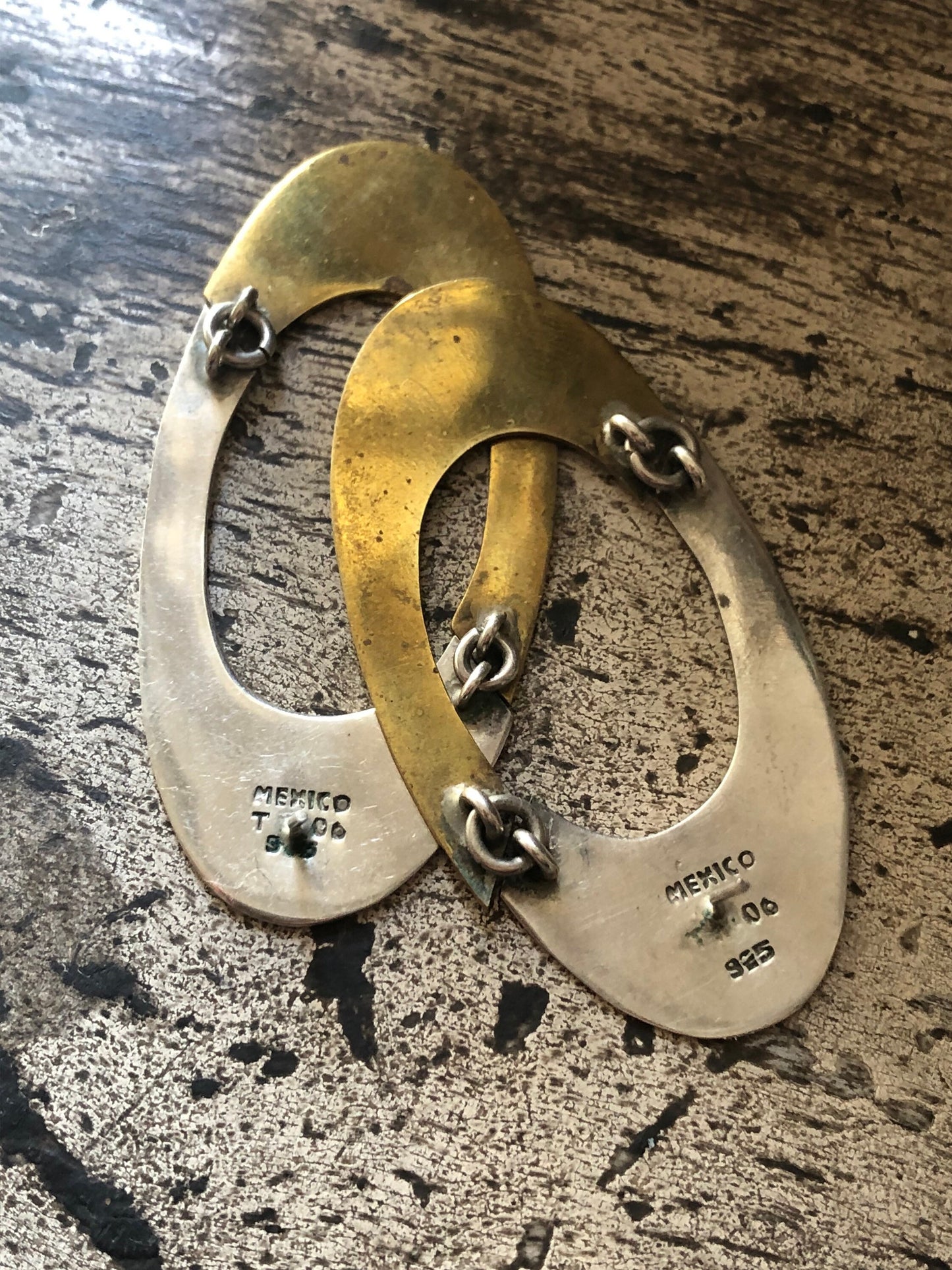 Vintage Mid Century Modern Sterling Silver Brass Dangly Hoop Earrings from Taxco, Mexico