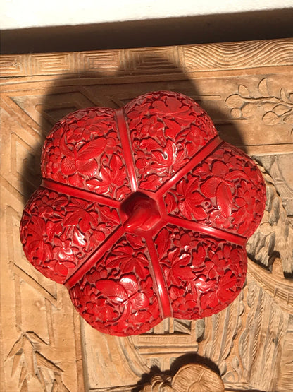 Vintage Antique Cinnabar Carved Lacquerware Pumpkin Shaped Jewelry Box