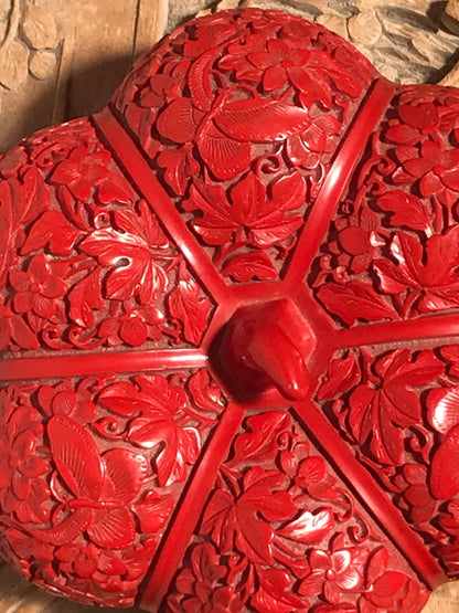 Vintage Antique Cinnabar Carved Lacquerware Pumpkin Shaped Jewelry Box