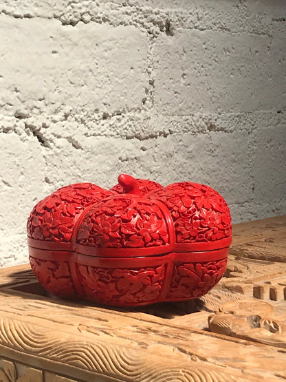 Vintage Antique Cinnabar Carved Lacquerware Pumpkin Shaped Jewelry Box