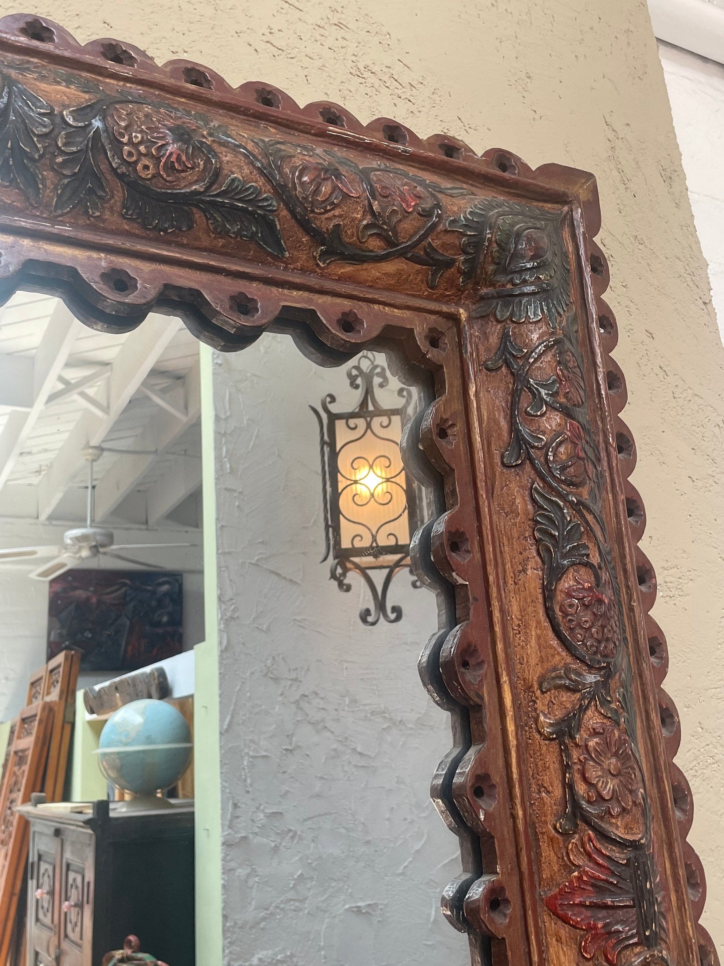 Vintage Antique Colonial Hand carved Peruvian Trunk with Wheels and Mirror