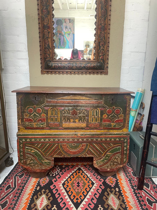 Vintage Antique Colonial Hand carved Peruvian Trunk with Wheels and Mirror