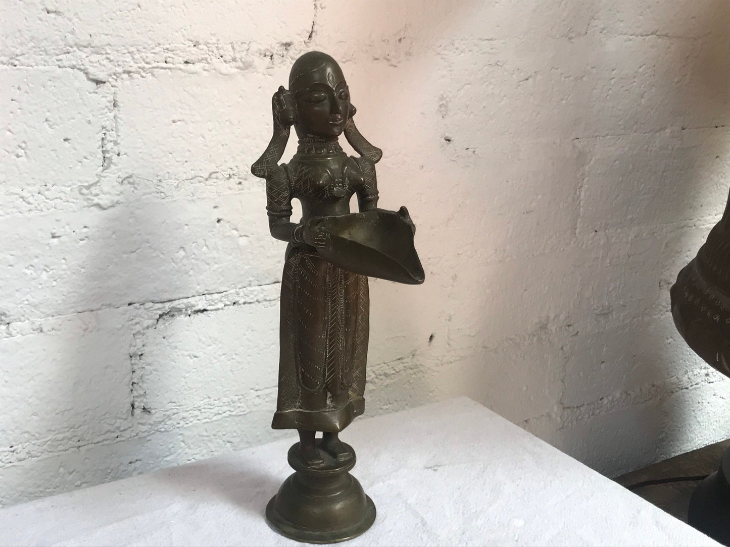 Antique Hindu Bronze Sculpture of Woman Holding Diya