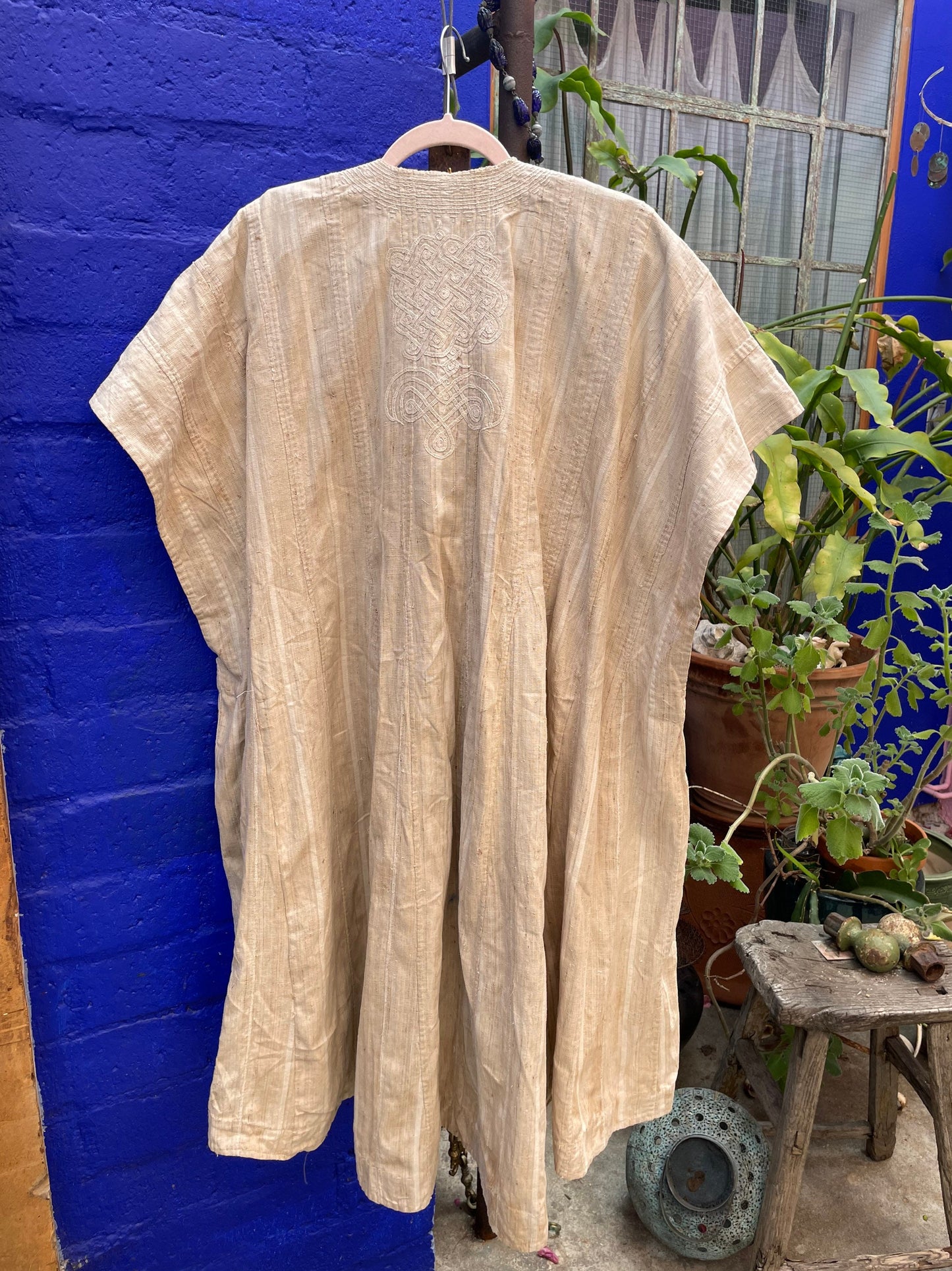 Vintage African Hausa Chief's Robe Hand Embroidered and Hand Woven Linen Beige Dress Tunic Kaftan
