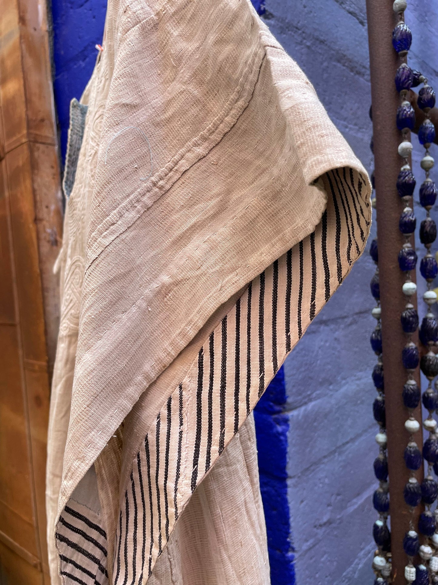 Vintage African Hausa Chief's Robe Hand Embroidered and Hand Woven Linen Beige Dress Tunic Kaftan