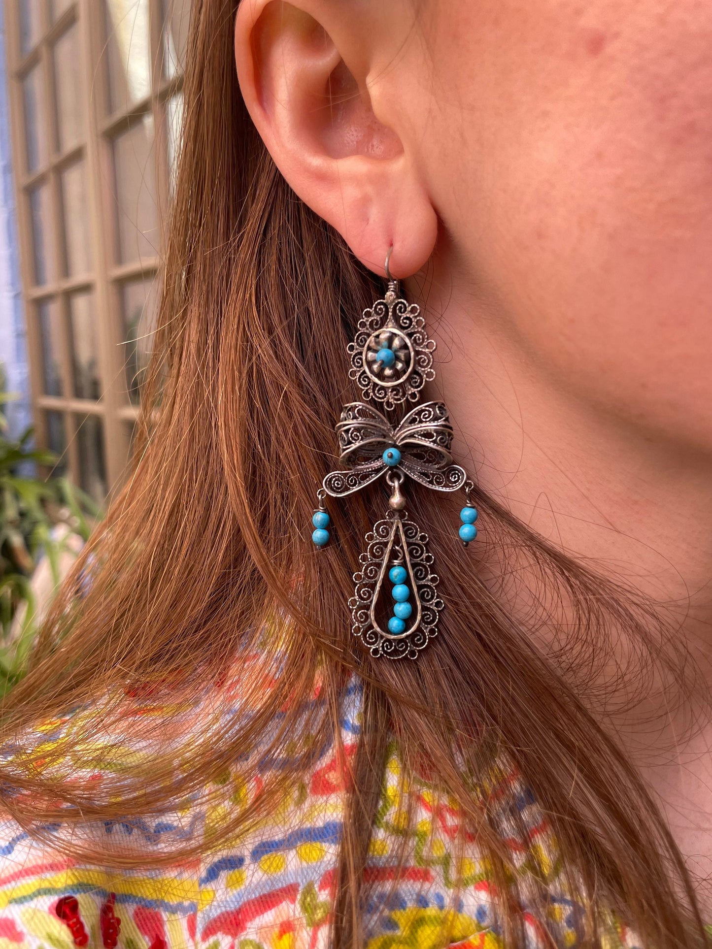 Mexican Vintage Style Federico Jimenez Sterling Silver and Turquoise Filigree Dangle Earrings