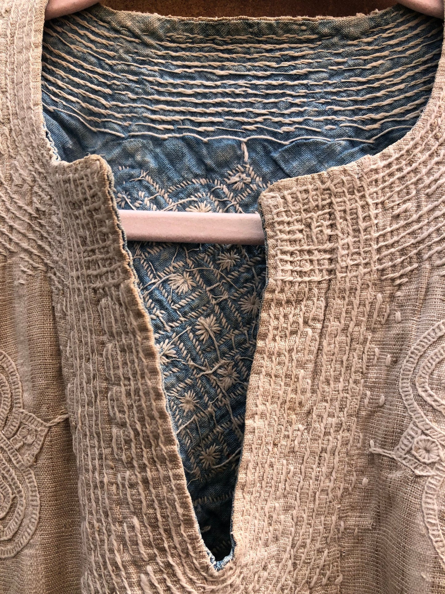 Vintage African Hausa Chief's Robe Hand Embroidered and Hand Woven Linen Beige Dress Tunic Kaftan