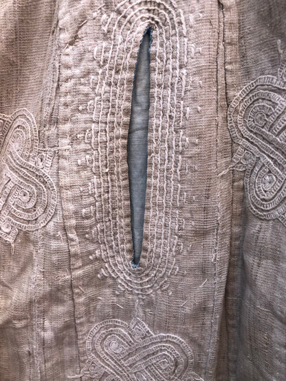 Vintage African Hausa Chief's Robe Hand Embroidered and Hand Woven Linen Beige Dress Tunic Kaftan