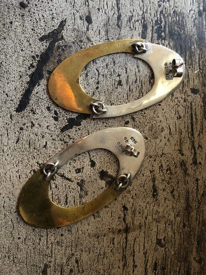Vintage Mid Century Modern Sterling Silver Brass Dangly Hoop Earrings from Taxco, Mexico
