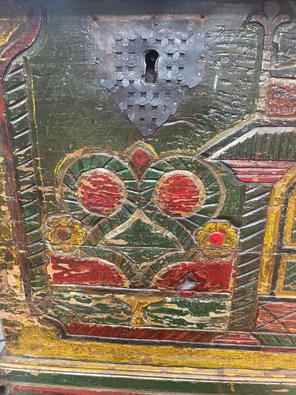 Vintage Antique Colonial Hand carved Peruvian Trunk with Wheels and Mirror