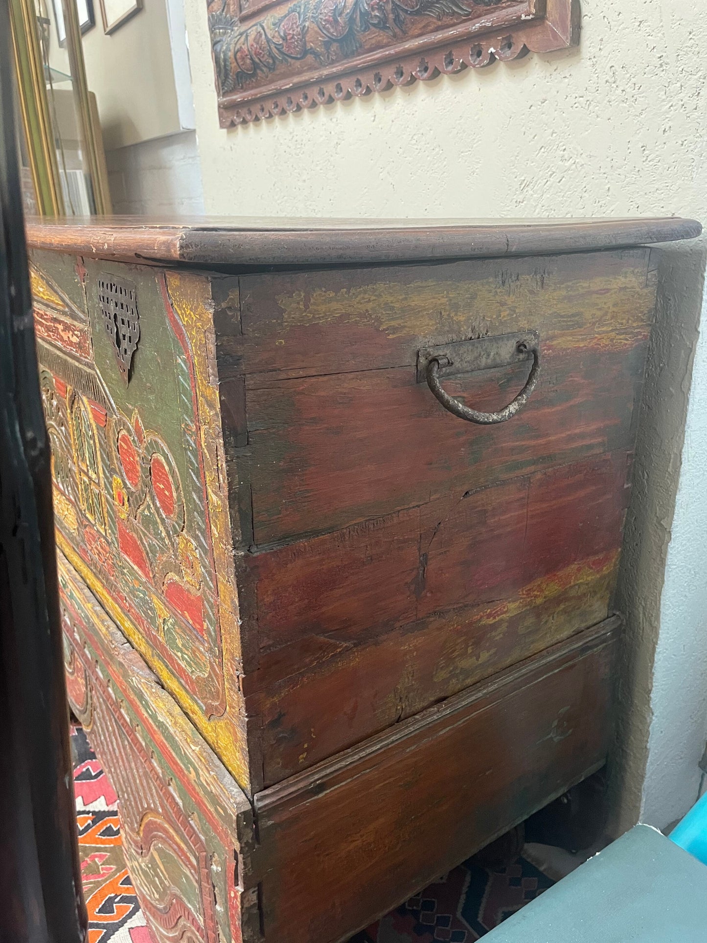 Vintage Antique Colonial Hand carved Peruvian Trunk with Wheels and Mirror