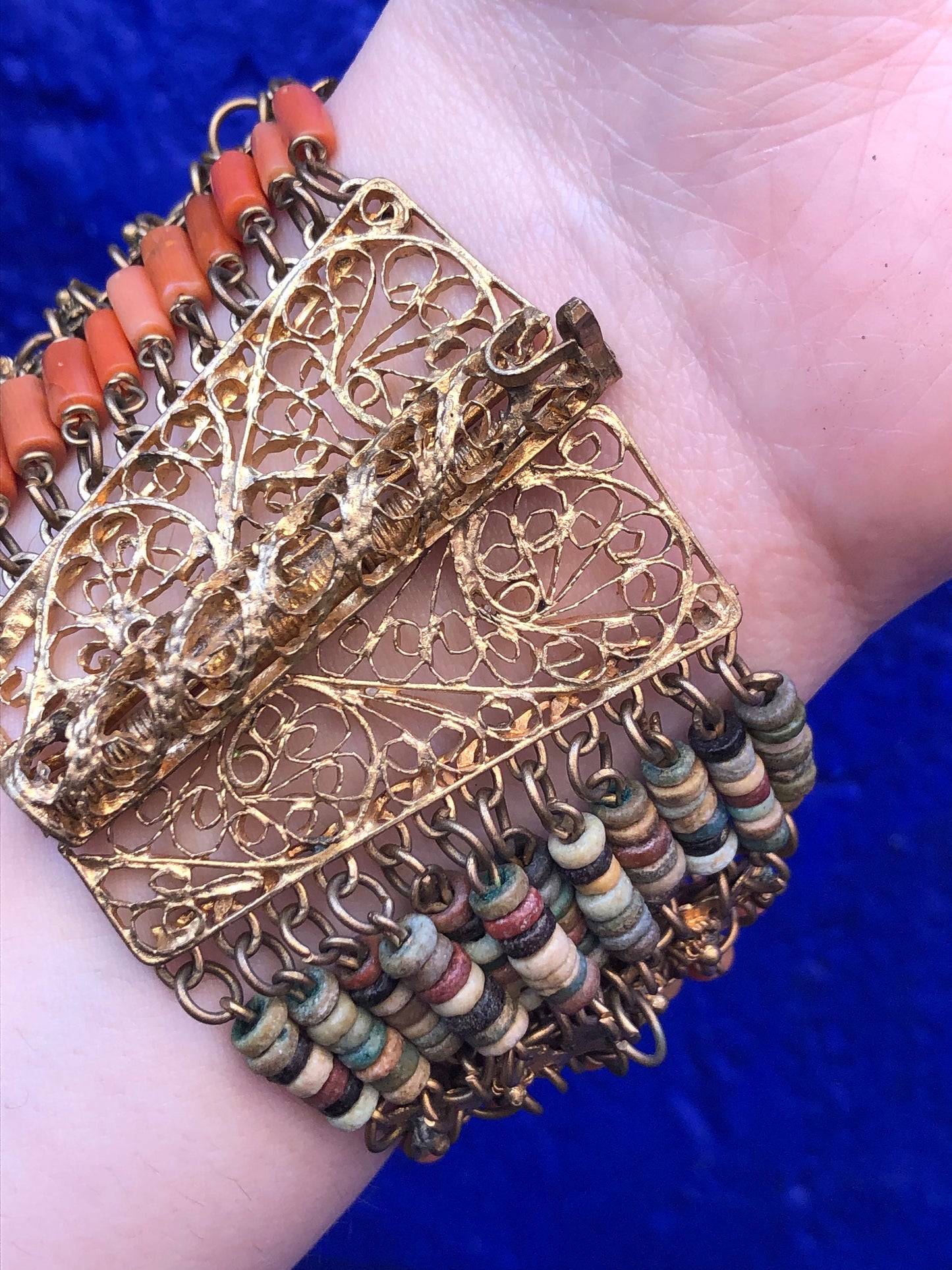 Vintage Egyptian Revival Coral Bracelet, Gold Gilt
