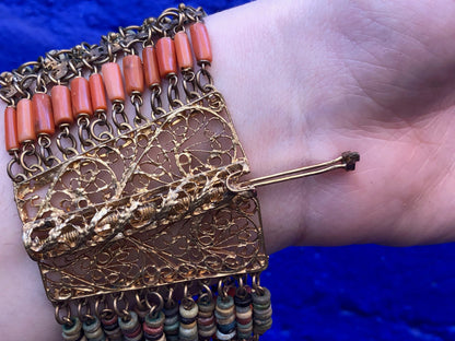 Vintage Egyptian Revival Coral Bracelet, Gold Gilt