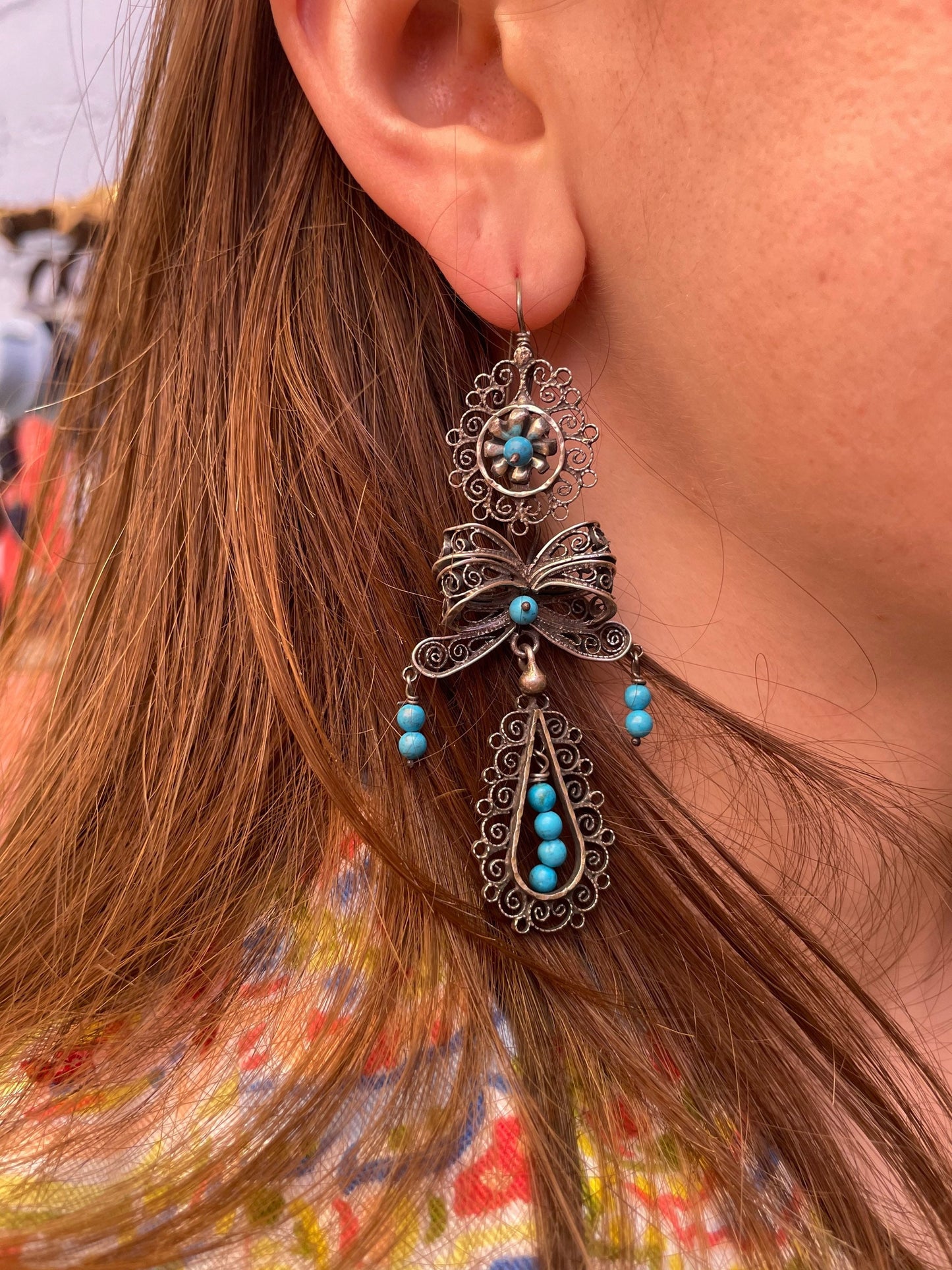 Mexican Vintage Style Federico Jimenez Sterling Silver and Turquoise Filigree Dangle Earrings