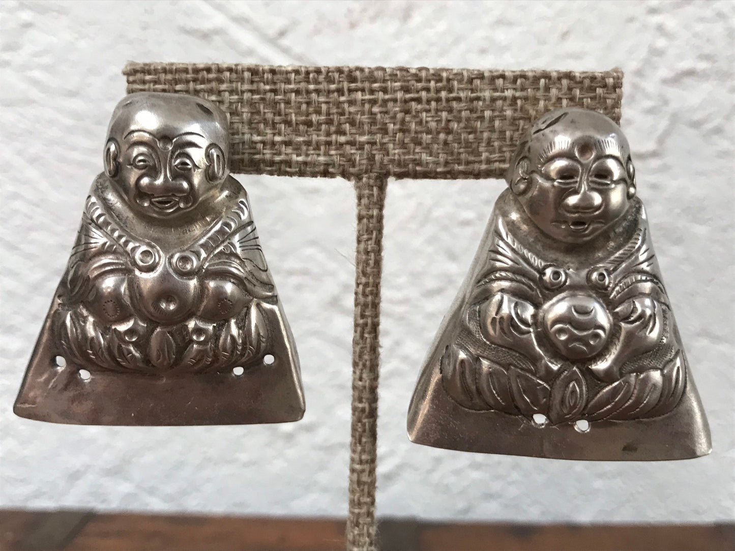 Vintage Chinese Silver Triangular Buddha Earrings