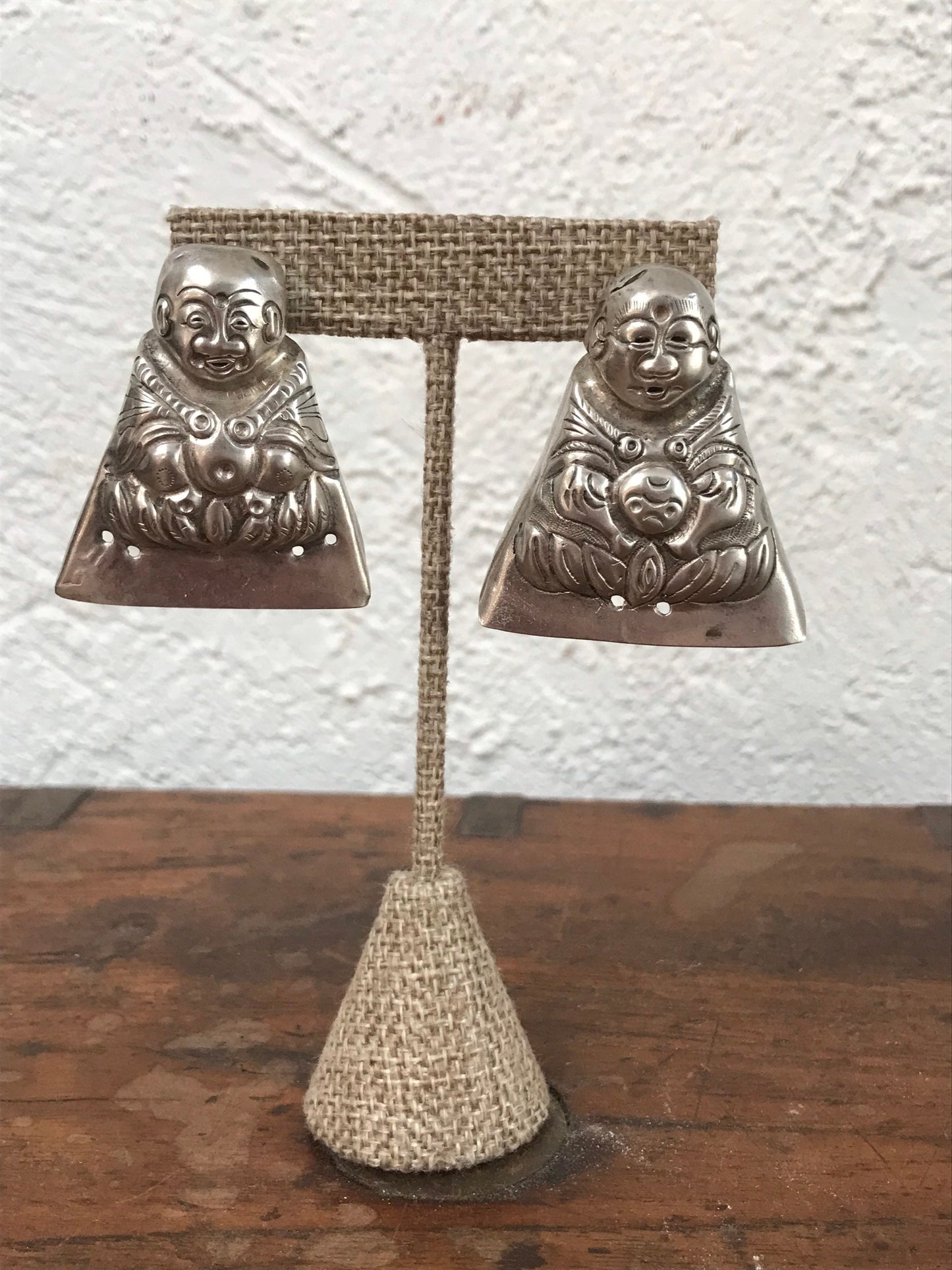Vintage Chinese Silver Triangular Buddha Earrings