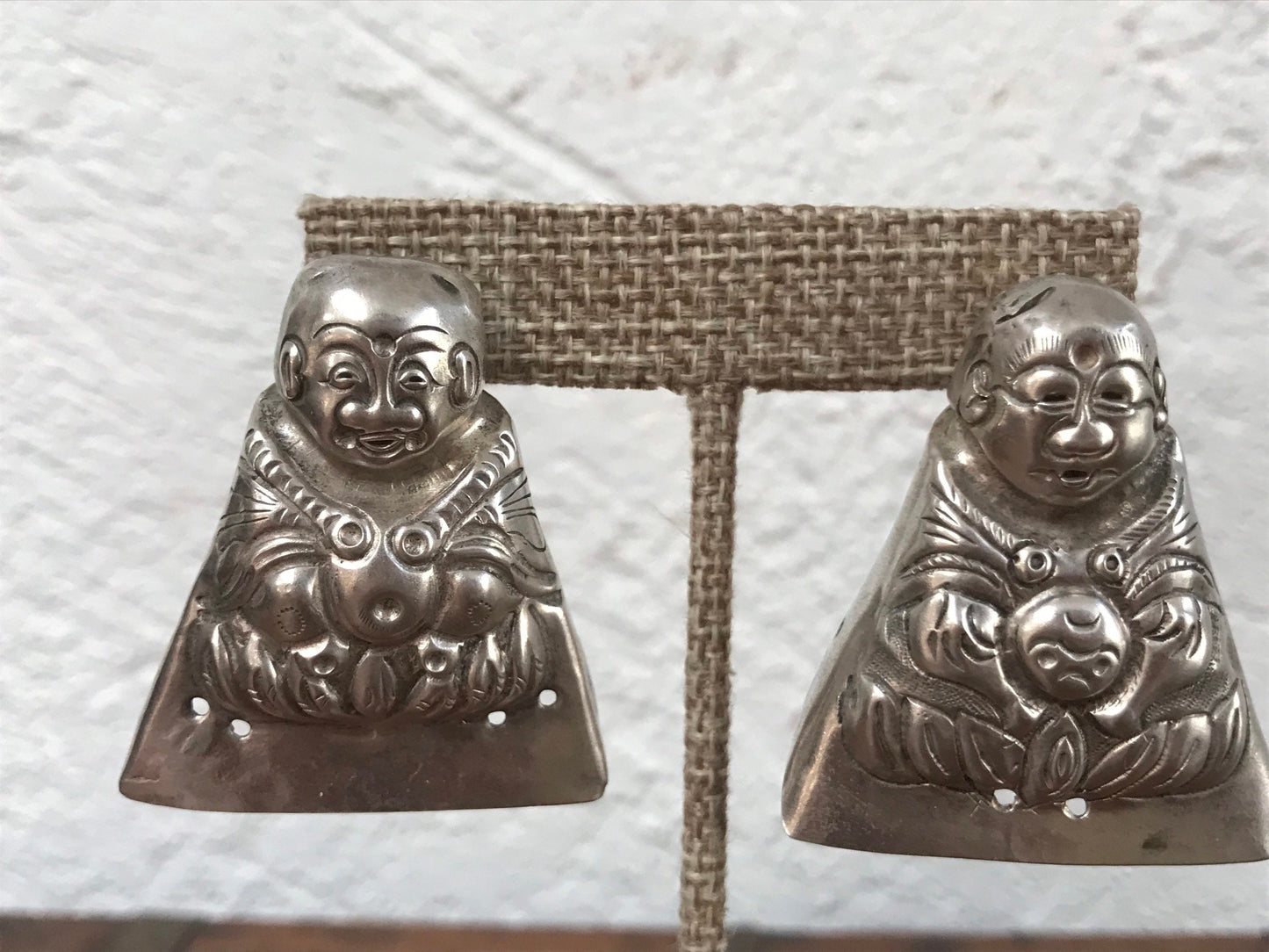 Vintage Chinese Silver Triangular Buddha Earrings