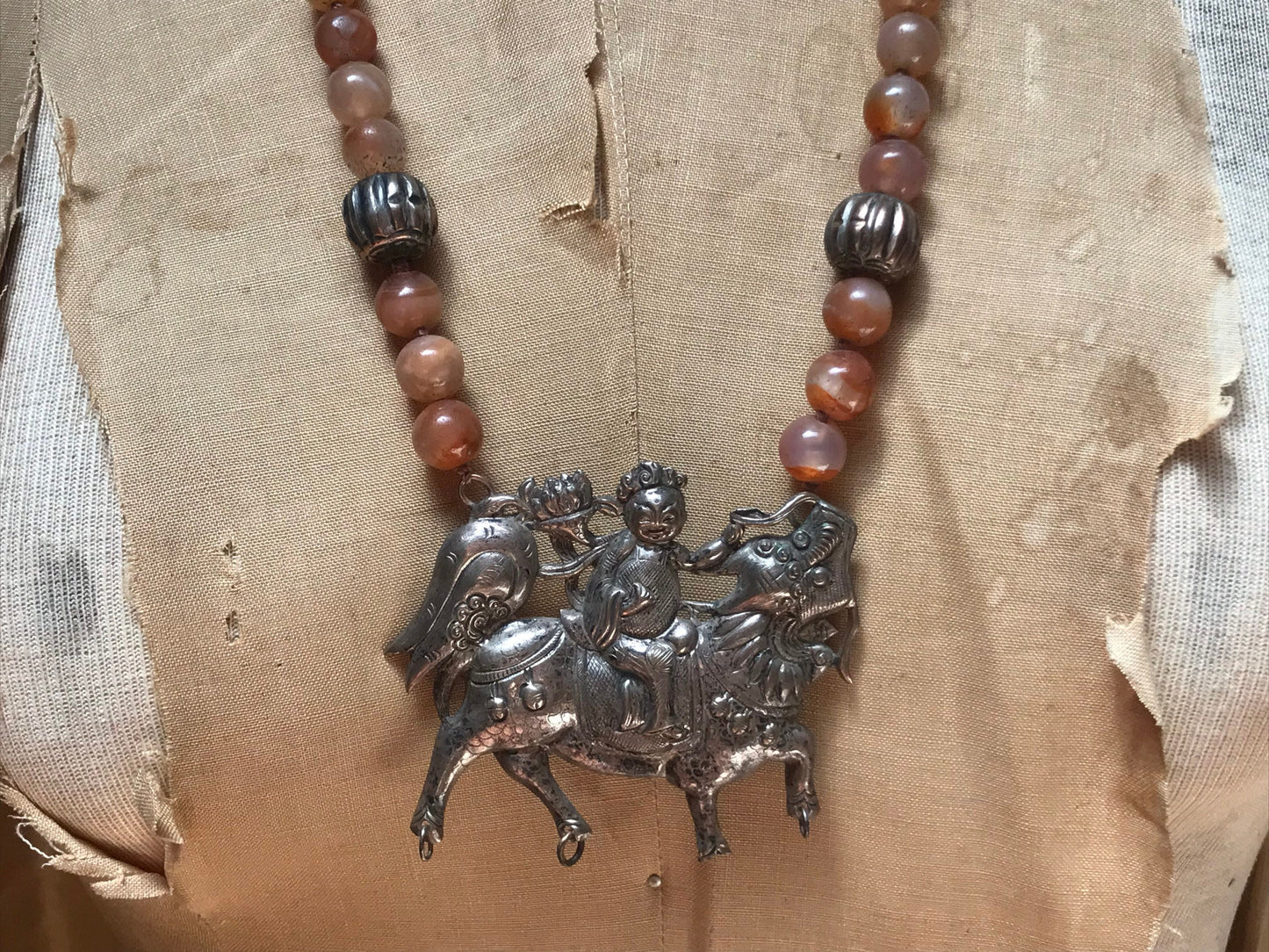 Vintage Citrine Beaded Necklace with Chinese Metal Pendant