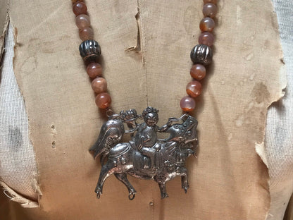 Vintage Citrine Beaded Necklace with Chinese Metal Pendant