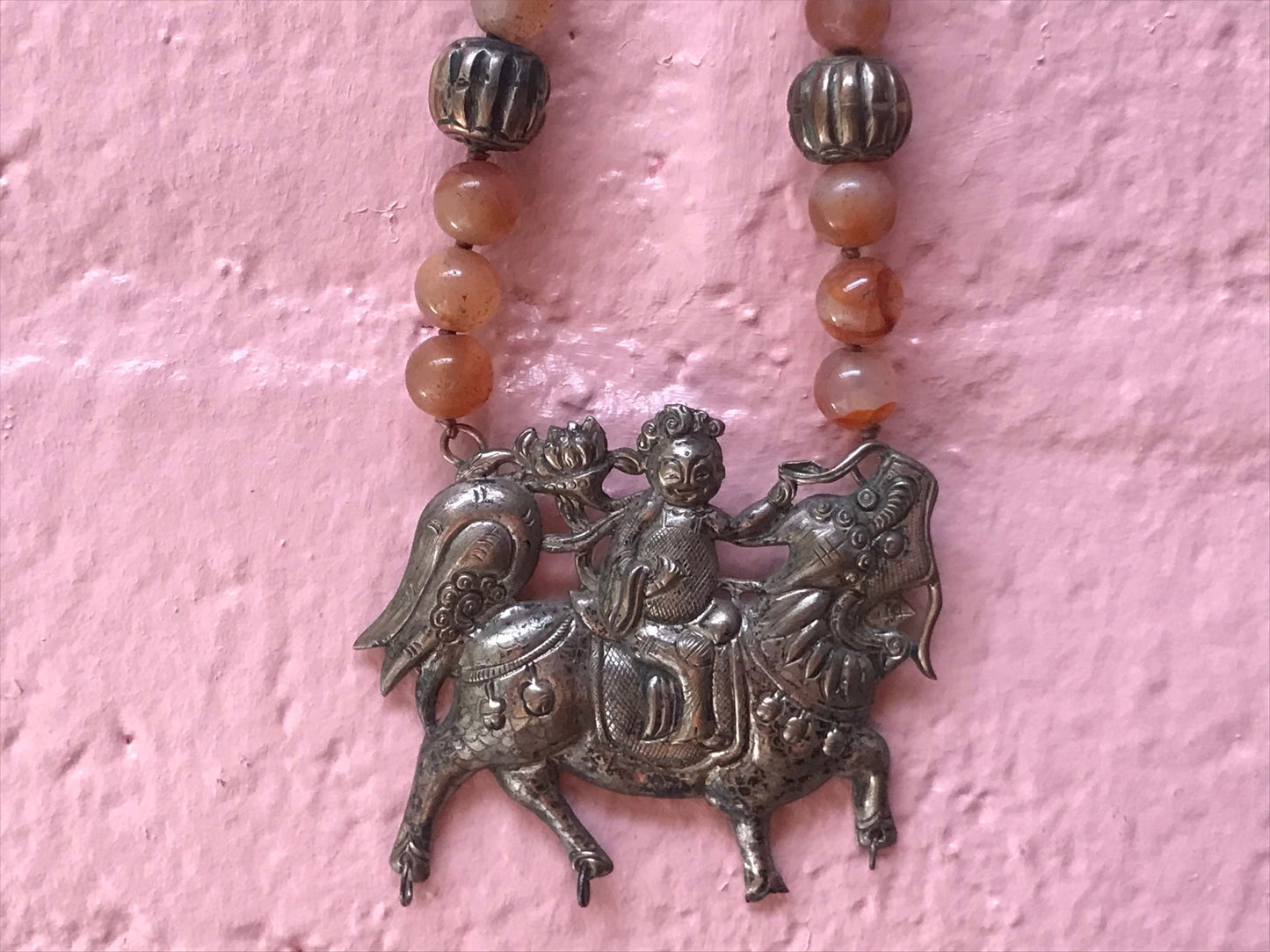 Vintage Citrine Beaded Necklace with Chinese Metal Pendant